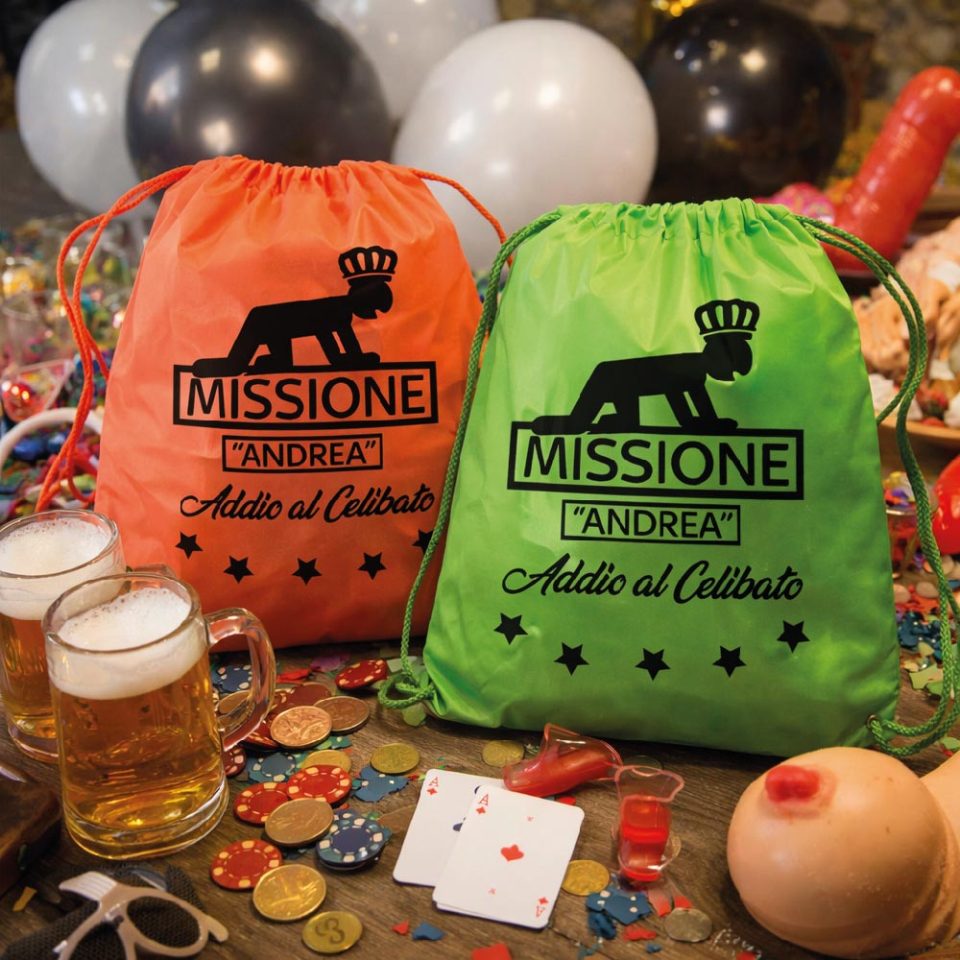 Sacca Zaino Uomo per Addio al Celibato Matrimonio Zainetto Fluo Divertente con Stampa Personalizzata per Sposo ed Amici Festa ''MISSIONE SPOSO''