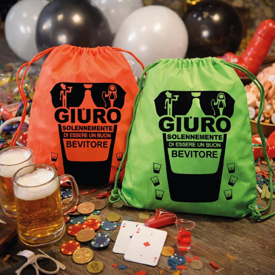 Sacca Zaino Uomo per Addio al Celibato Matrimonio Zainetto Fluo Divertente con Stampa Personalizzata per Sposo ed Amici Festa ''GIURO SOLENNEMENTE''
