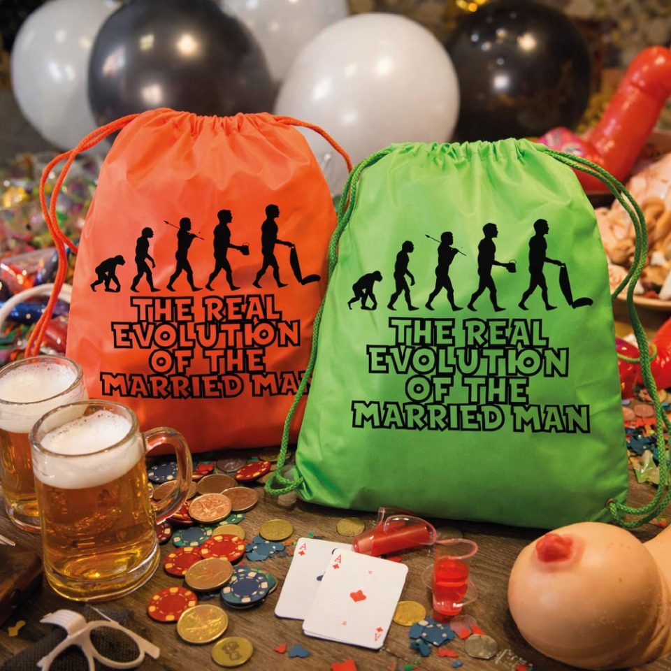 Sacca Zaino Uomo per Addio al Celibato Matrimonio Zainetto Fluo Divertente con Stampa Personalizzata per Sposo ed Amici Festa ''THE REAL EVOLUTION''