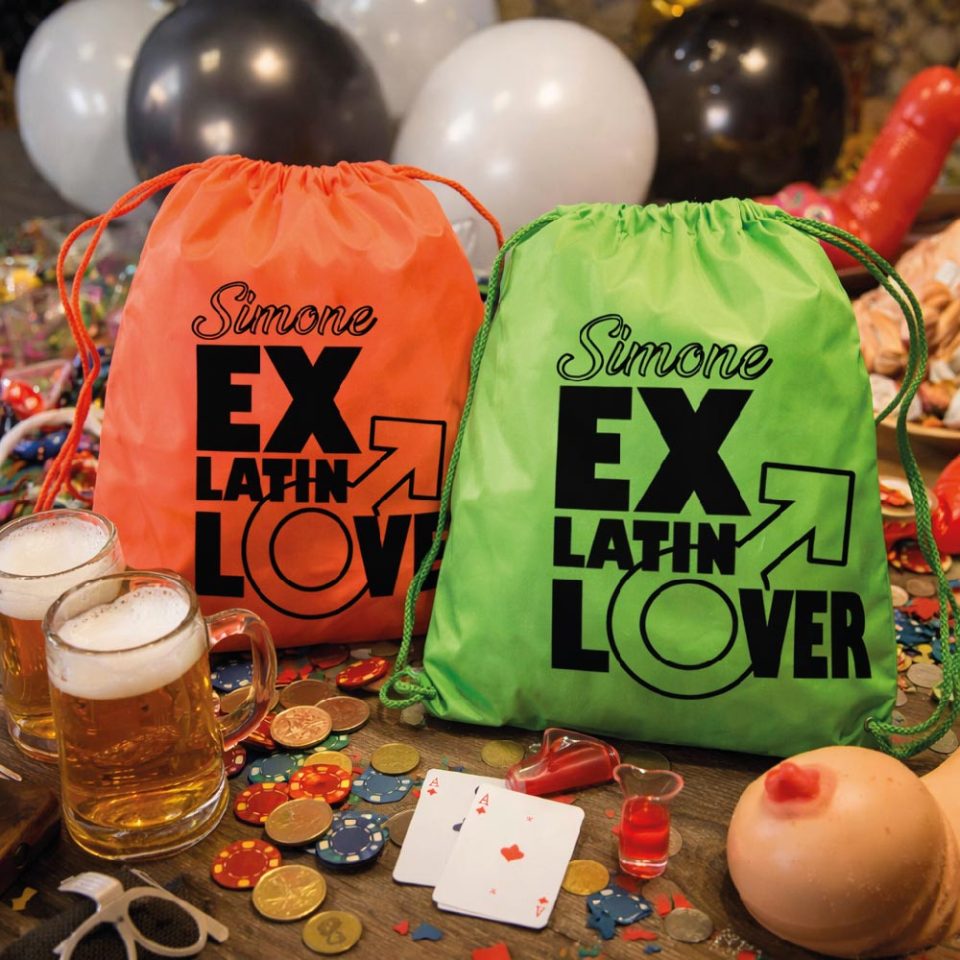 Sacca Zaino Uomo per Addio al Celibato Matrimonio Zainetto Fluo Divertente con Stampa Personalizzata per Sposo ed Amici Festa ''EX LATIN LOVER''