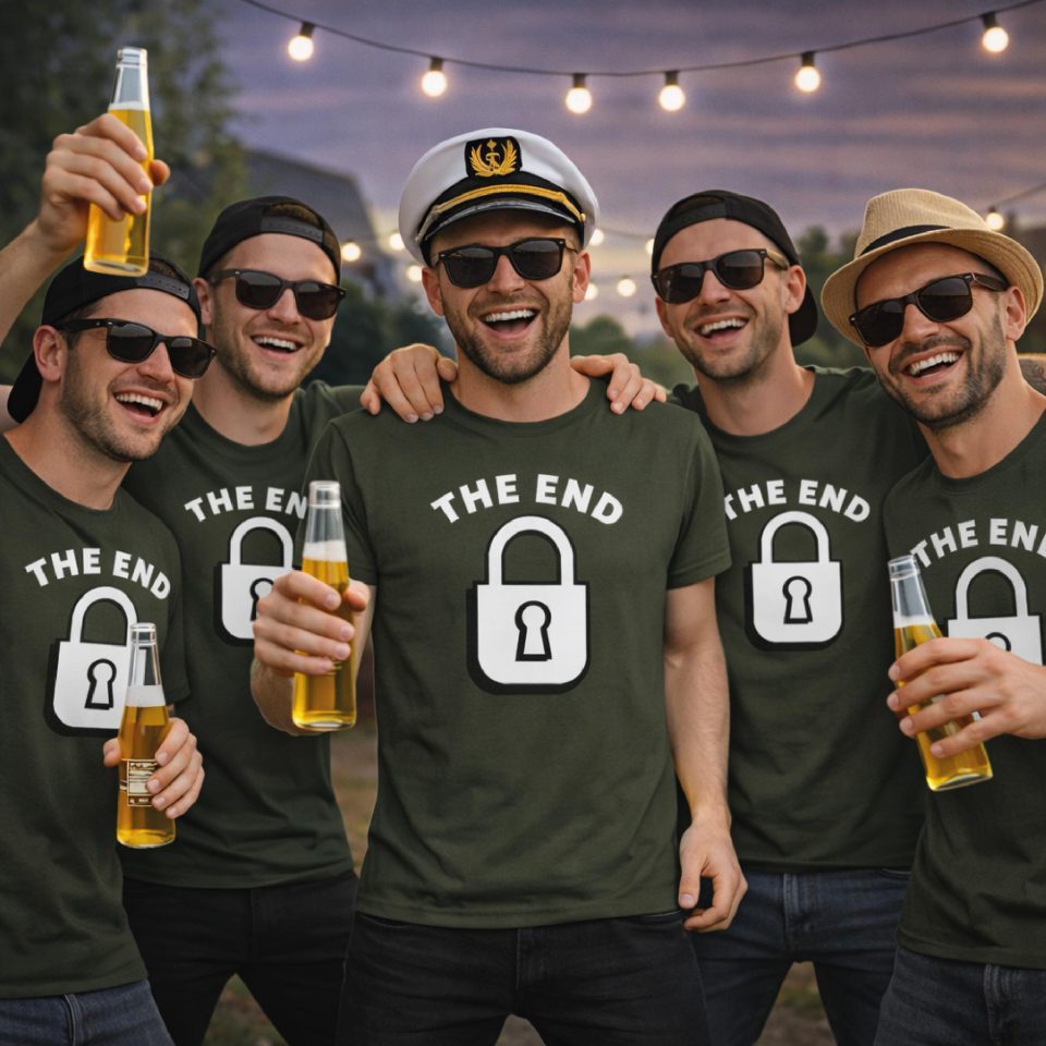 Kit Pacchetto Magliette per Addio al Celibato Uomo Sposo ''THE END'' Maglietta T-shirt Amici dello sposo, gadget Maglia Festa Addio al Celibato Bianca Nera Blu Verde Militare