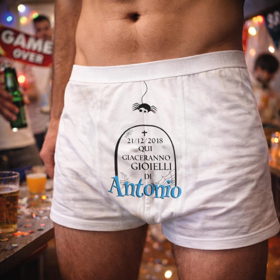 Boxer Uomo per Addio al Celibato Matrimonio Mutanda in Cotone Divertente con Stampa Personalizzata per Sposo ed Amici ''QUI GIACERANNO''