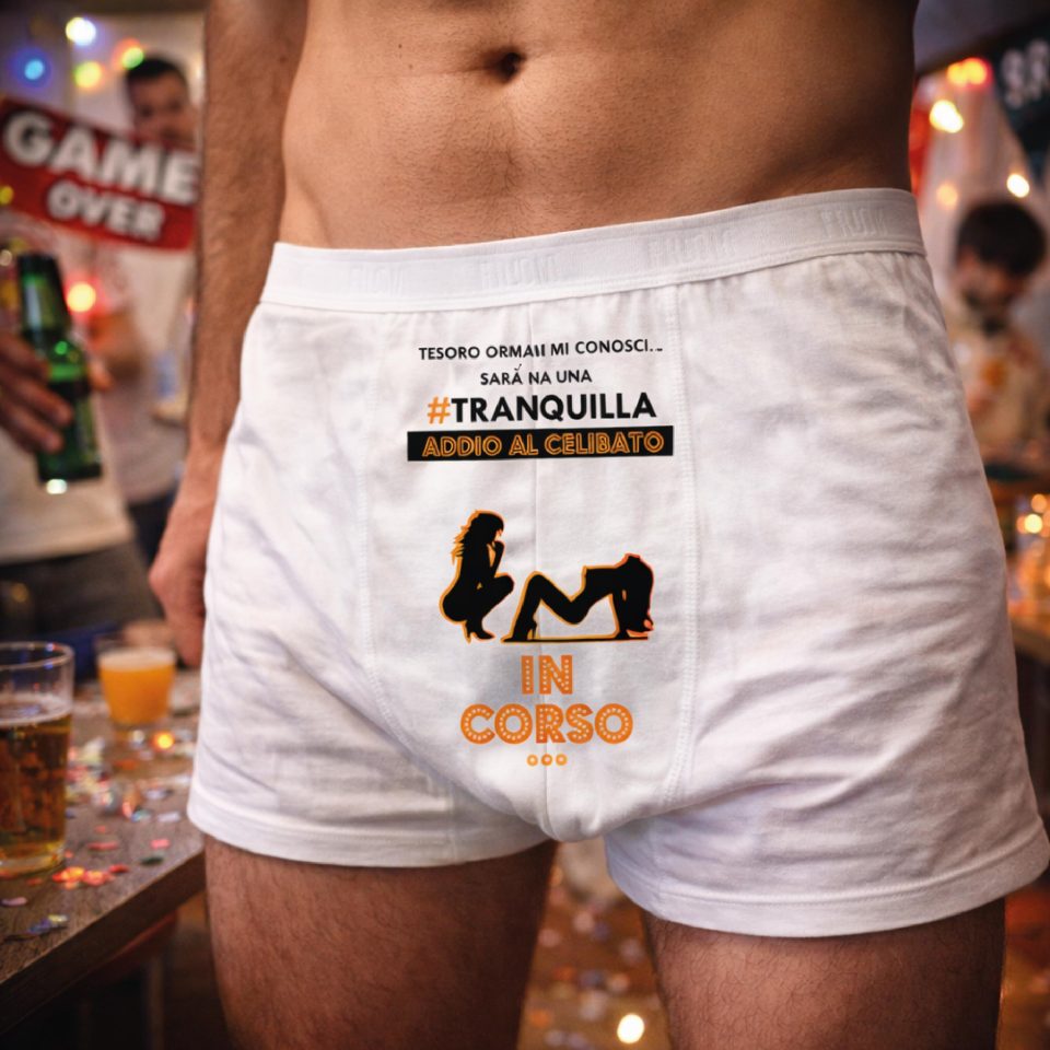 Boxer Uomo per Addio al Celibato Matrimonio Mutanda in Cotone Divertente con Stampa Personalizzata per Sposo ed Amici ''SERATA TRANQUILLA''