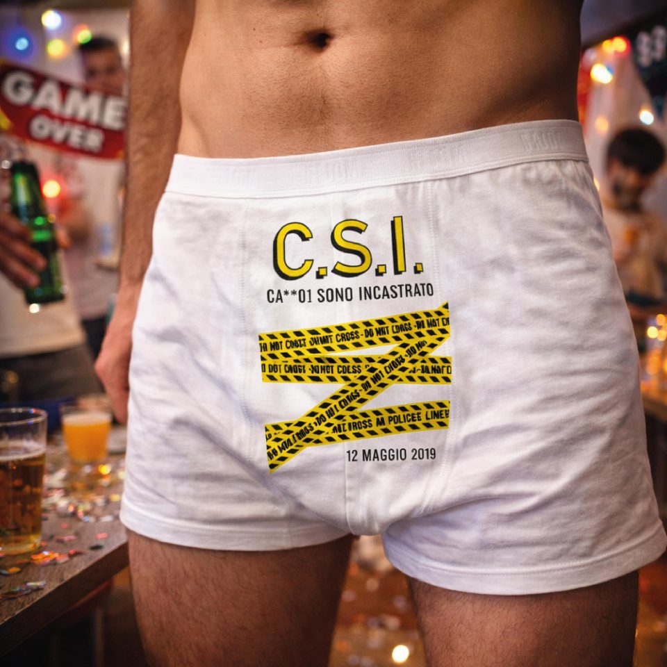 Boxer Uomo per Addio al Celibato Matrimonio Mutanda in Cotone Divertente con Stampa Personalizzata per Sposo ed Amici ''SPOSO C.S.I''