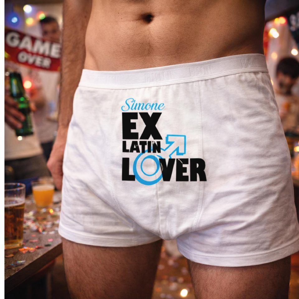 Boxer Uomo per Addio al Celibato Matrimonio Mutanda in Cotone Divertente con Stampa Personalizzata per Sposo ed Amici ''EX LATIN LOVER''