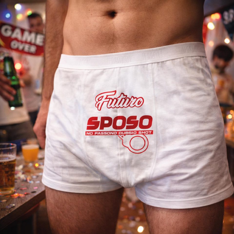Boxer Uomo per Addio al Celibato Matrimonio Mutanda in Cotone Divertente con Stampa Personalizzata per Sposo ed Amici ''SPOSO MANETTE''