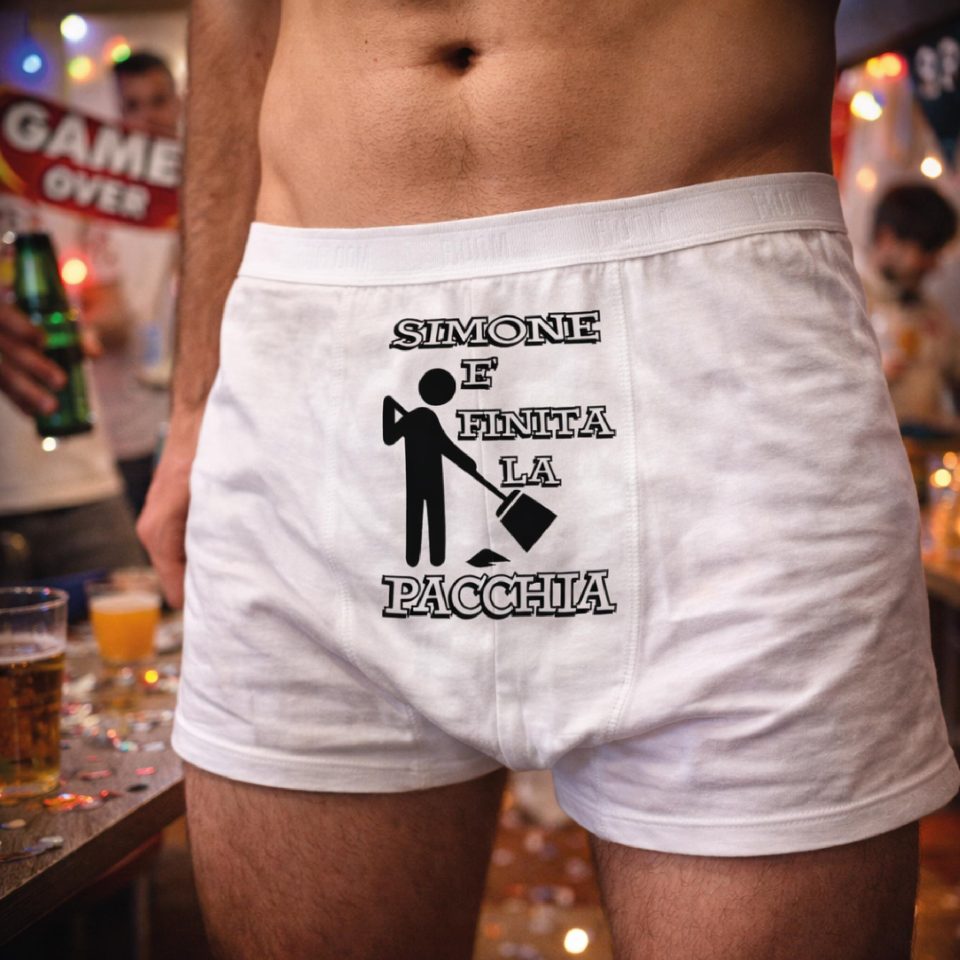 Boxer Uomo per Addio al Celibato Matrimonio Mutanda in Cotone Divertente con Stampa Personalizzata per Sposo ed Amici ''FINITA LA PACCHIA''