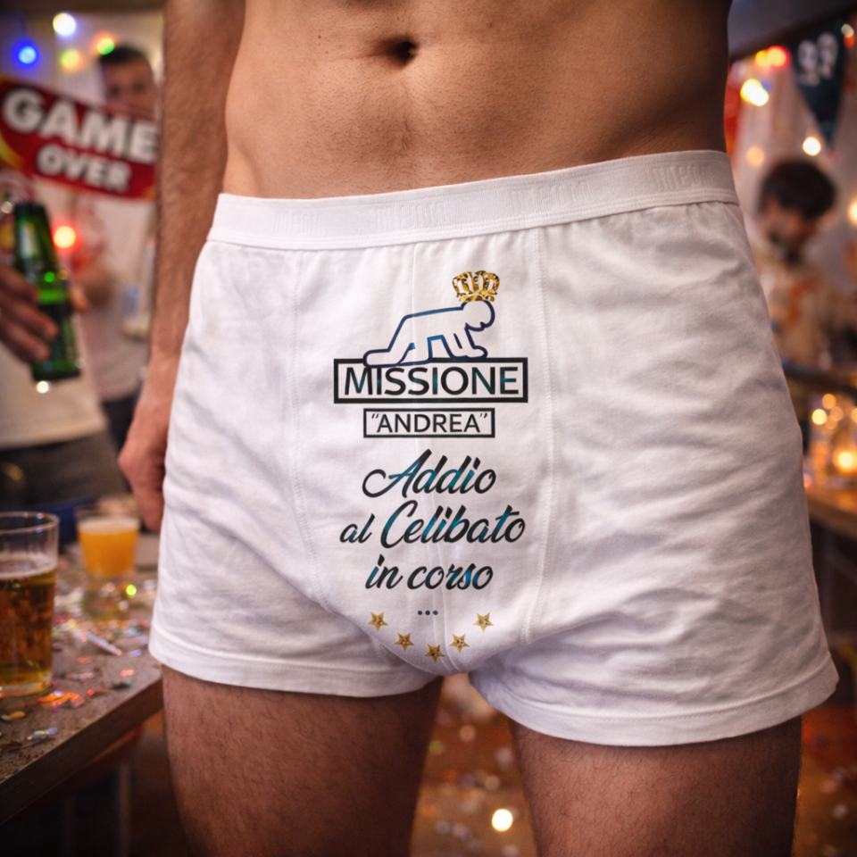 Boxer Uomo per Addio al Celibato Matrimonio Mutanda in Cotone Divertente con Stampa Personalizzata per Sposo ed Amici ''MISSIONE SPOSO''