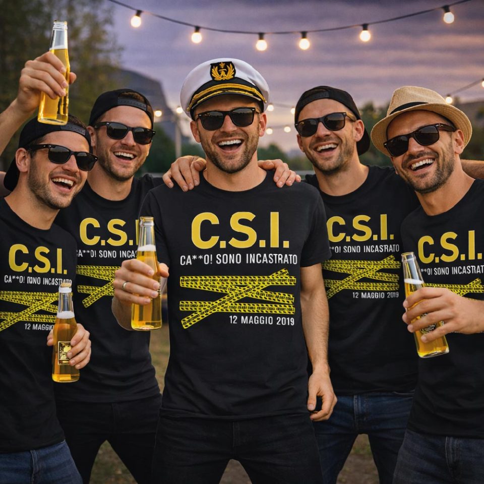 Kit Pacchetto Magliette per Addio al Celibato Uomo Sposo ''C.S.I'' Maglietta T-shirt Amici dello sposo, gadget Maglia Festa Addio al Celibato Bianca Nera Blu Verde Militare