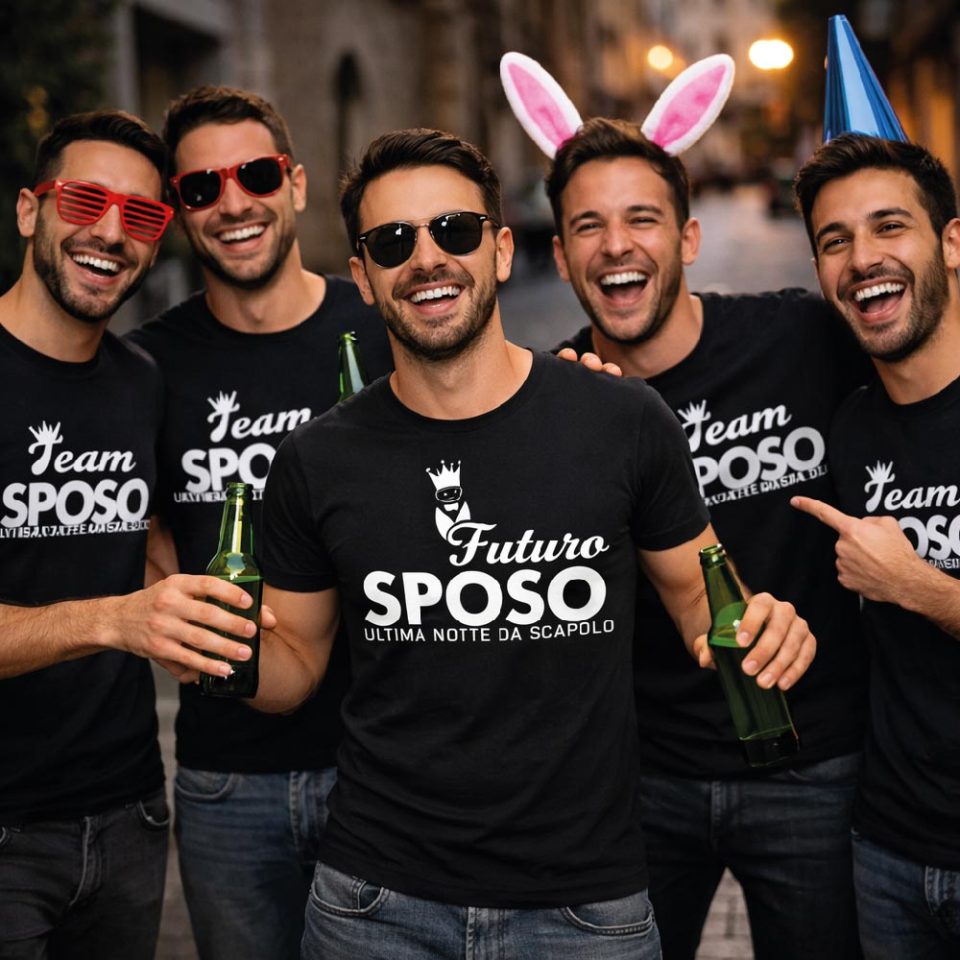 Kit Pacchetto Magliette per Addio al Celibato Uomo Sposo ''FUTURO SPOSO CORONA'' maglietta t-shirt amici dello sposo, gadget maglia festa addio al celibato bianca nera blu verde militare