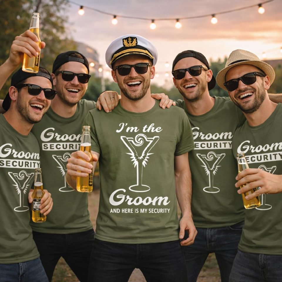 Kit Pacchetto Magliette per Addio al Celibato Uomo Sposo ''GROOM SECURITY'' Maglietta T-shirt Amici dello sposo, gadget Maglia Festa Addio al Celibato Bianca Nera Blu Verde Militare