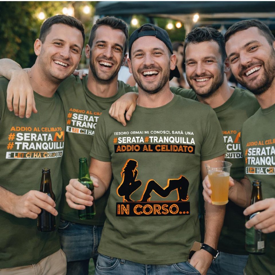 Kit Pacchetto Magliette per Addio al Celibato Uomo Sposo ''SERATA TRANQUILLA'' Maglietta T-shirt Amici dello sposo, gadget maglia festa addio al celibato bianca nera blu verde militare