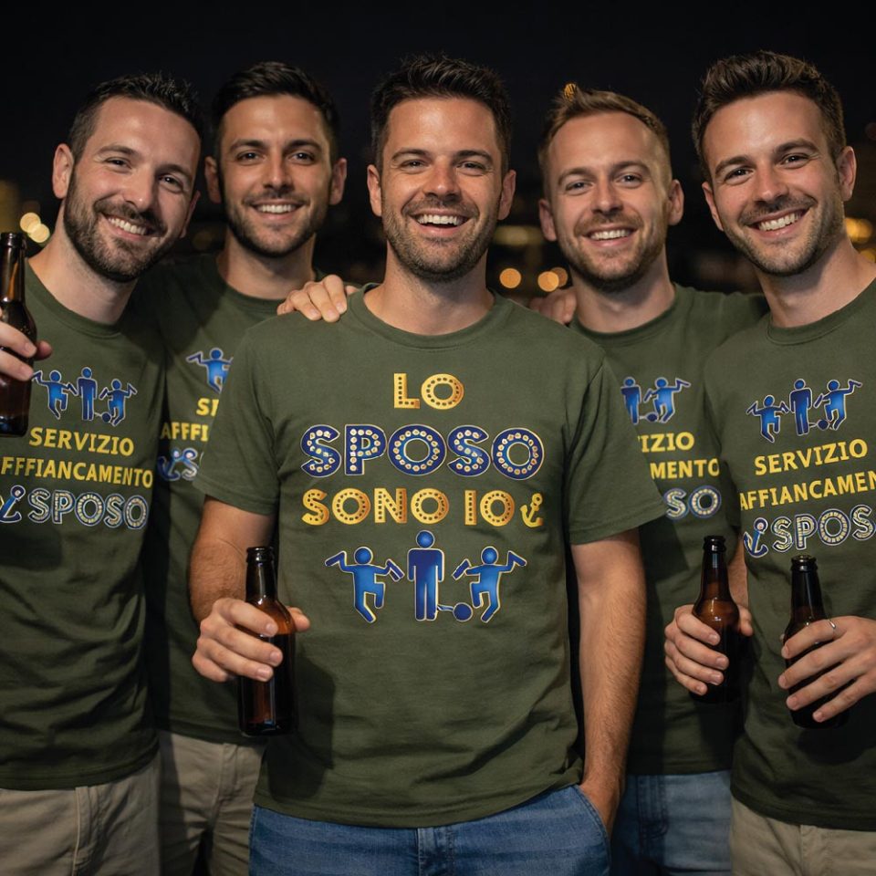 Kit Pacchetto Magliette per Addio al Celibato Uomo Sposo ''SERVIZIO AFFIANCAMENTO'' Maglietta T-shirt Amici dello Sposo, Gadget maglia festa addio al celibato bianca nera blu verde militare