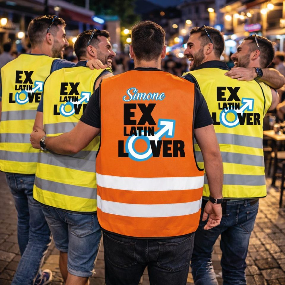 Kit Pacchetto Gilet per Addio al Celibato Gadget Divertente Personalizzabile per Amici e Sposo Costume Scherzi Festa Matrimonio ''EX LATIN LOVER''