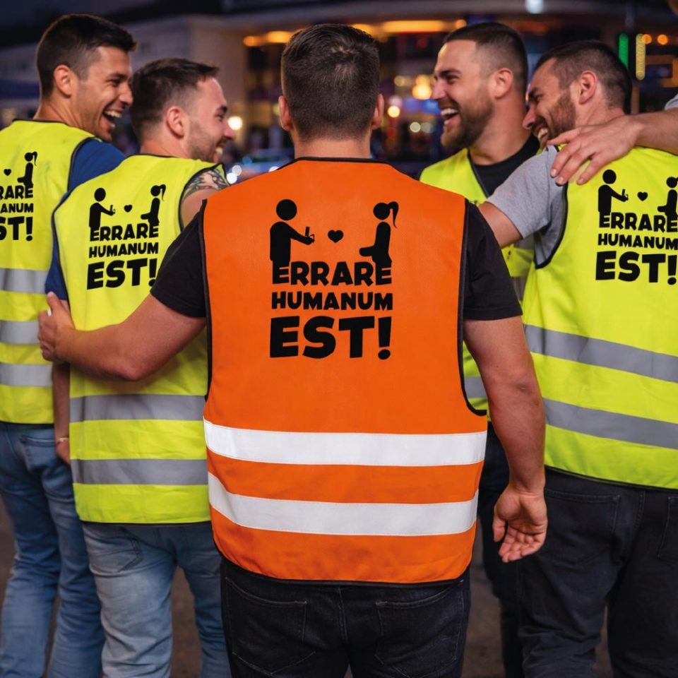 Kit Pacchetto Gilet per Addio al Celibato Gadget Divertente Personalizzabile per Amici e Sposo Costume Scherzi Festa Matrimonio ''ERRARE HUMANUM EST''