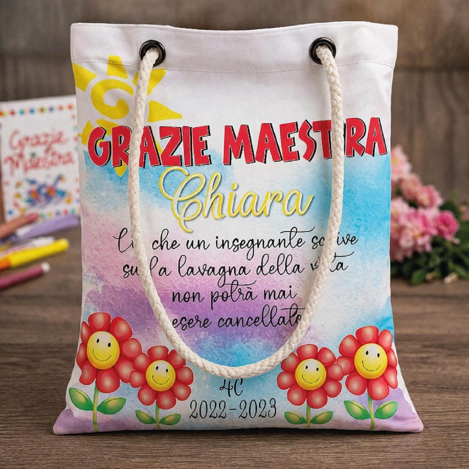 Borsa Shopper Donna in Tela per Maestra Personalizzata ''LAVAGNA DELLA VITA'' Idea regalo fine anno scolastico per Maestre Bianca Personalizzabile con testo