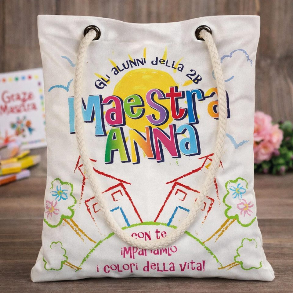 Borsa Shopper Donna in Tela per Maestra Personalizzata ''COLORI DELLA VITA'' Idea regalo fine anno scolastico per Maestre Bianca Personalizzabile con testo