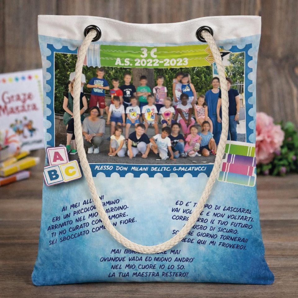 Borsa Shopper Donna in Tela per Maestra Personalizzata ''FOTO DI FINE ANNO'' Idea regalo fine anno scolastico per Maestre Bianca Personalizzabile con Foto
