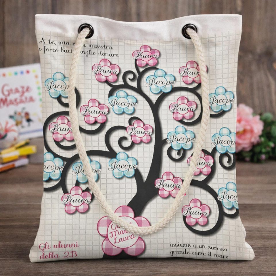 Borsa Shopper Donna in Tela per Maestra Personalizzata ''ALBERO DELLA VITA'' Idea regalo fine anno scolastico per Maestre Bianca Personalizzabile con testo