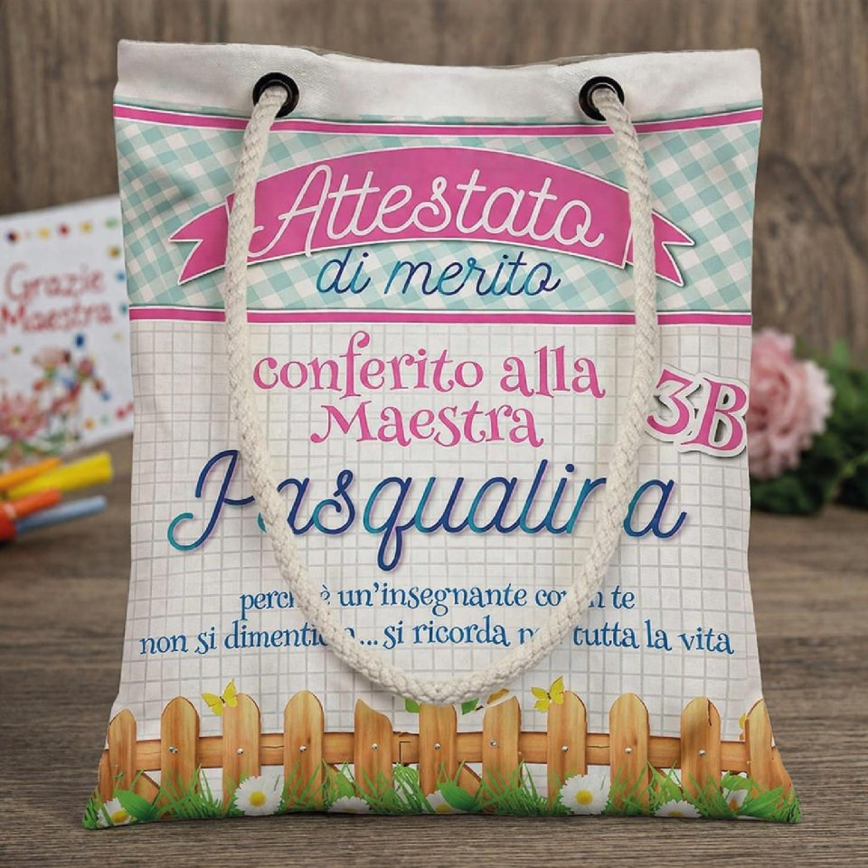 Borsa Shopper Donna in Tela per Maestra Personalizzata ''ATTESTATO DI MERITO'' Idea regalo fine anno scolastico per Maestre Bianca Personalizzabile con testo