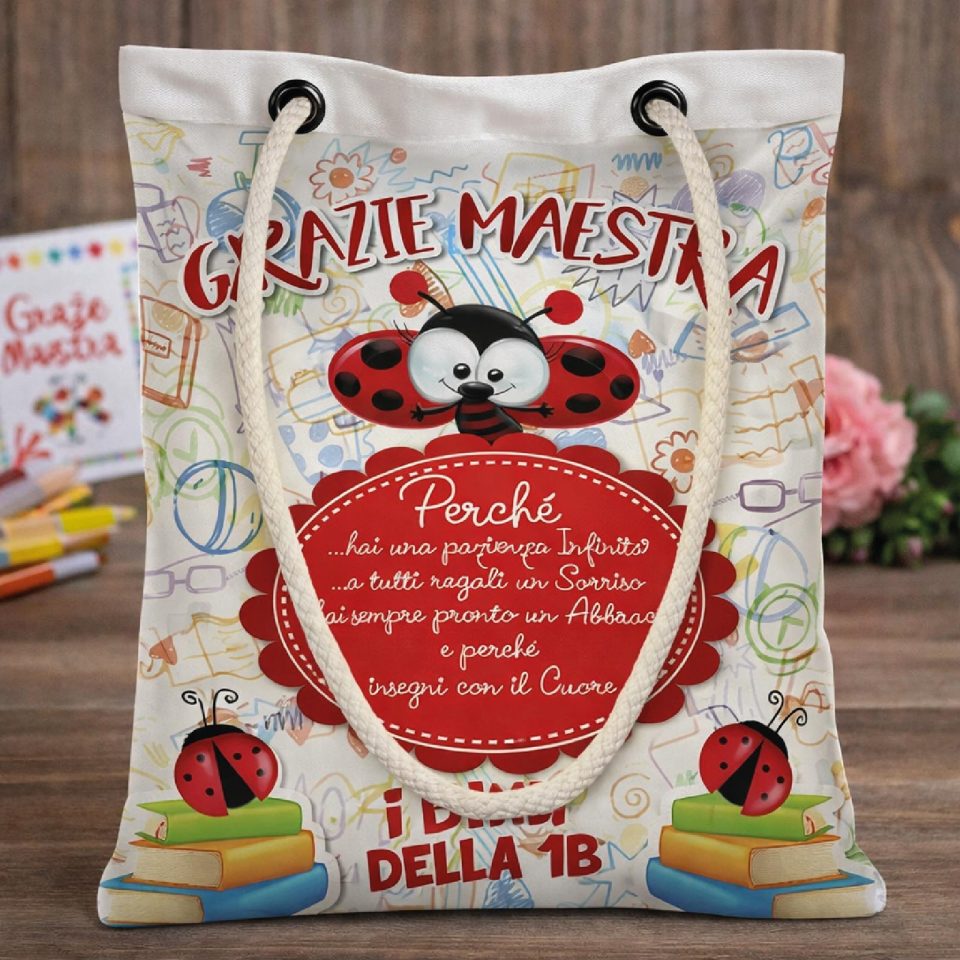Borsa Shopper Donna in Tela per Maestra Personalizzata ''COCCINELLA'' Idea regalo fine anno scolastico per Maestre Bianca Personalizzabile con testo