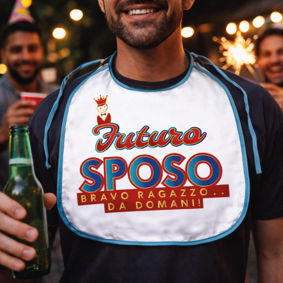 Bavettone Bavetto per Addio al Celibato Uomo Sposo, Grafica Divertente Gadget Originale Unica, Festa Addio al Celibato ''SPOSO CORONA''