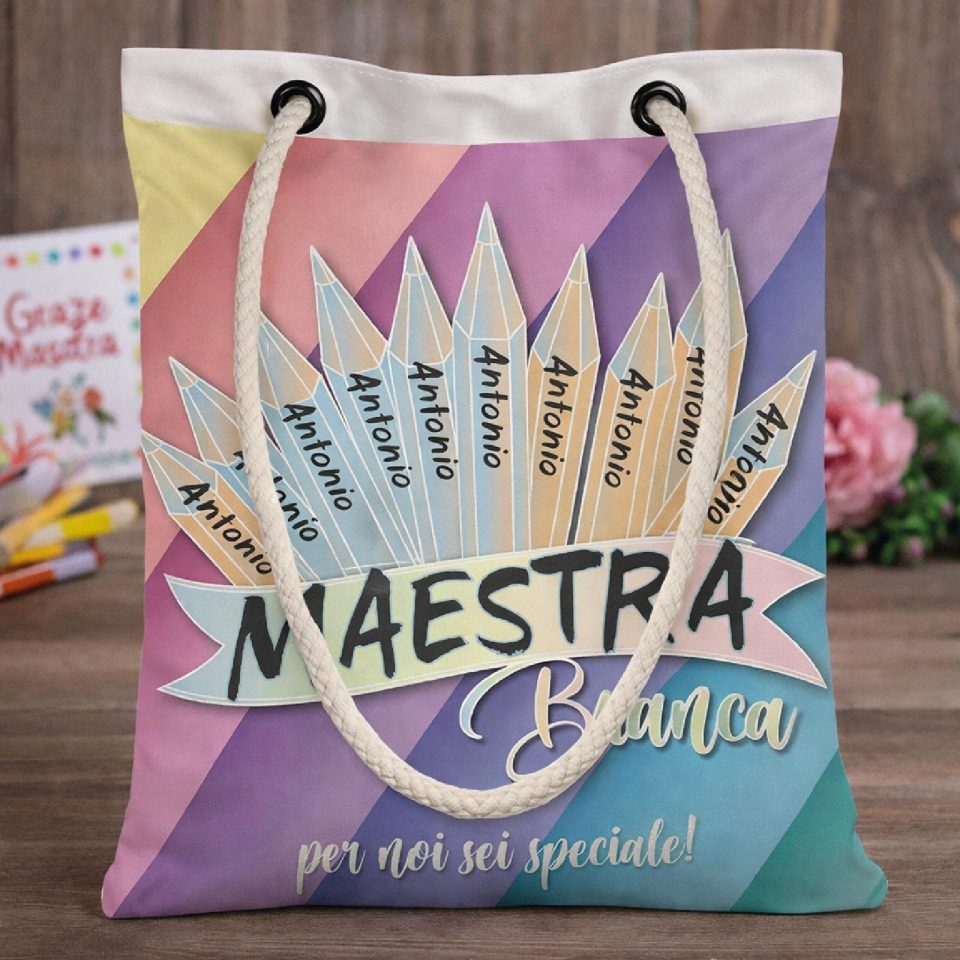 Borsa Shopper Donna in Tela per Maestra Personalizzata ''MATITE'' Idea regalo fine anno scolastico per Maestre Bianca Personalizzabile con testo