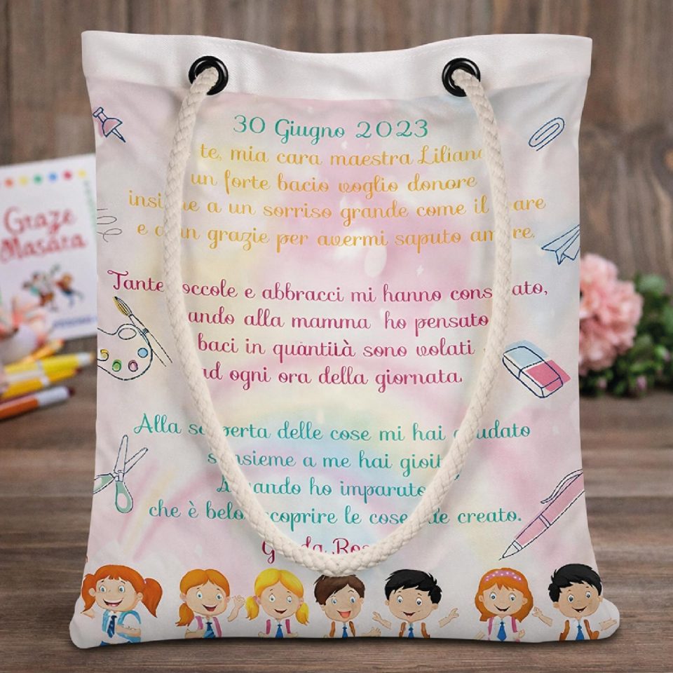 Borsa Shopper Donna in Tela per Maestra Personalizzata ''LA MIA DEDICA'' Idea regalo fine anno scolastico per Maestre Bianca Personalizzabile con testo