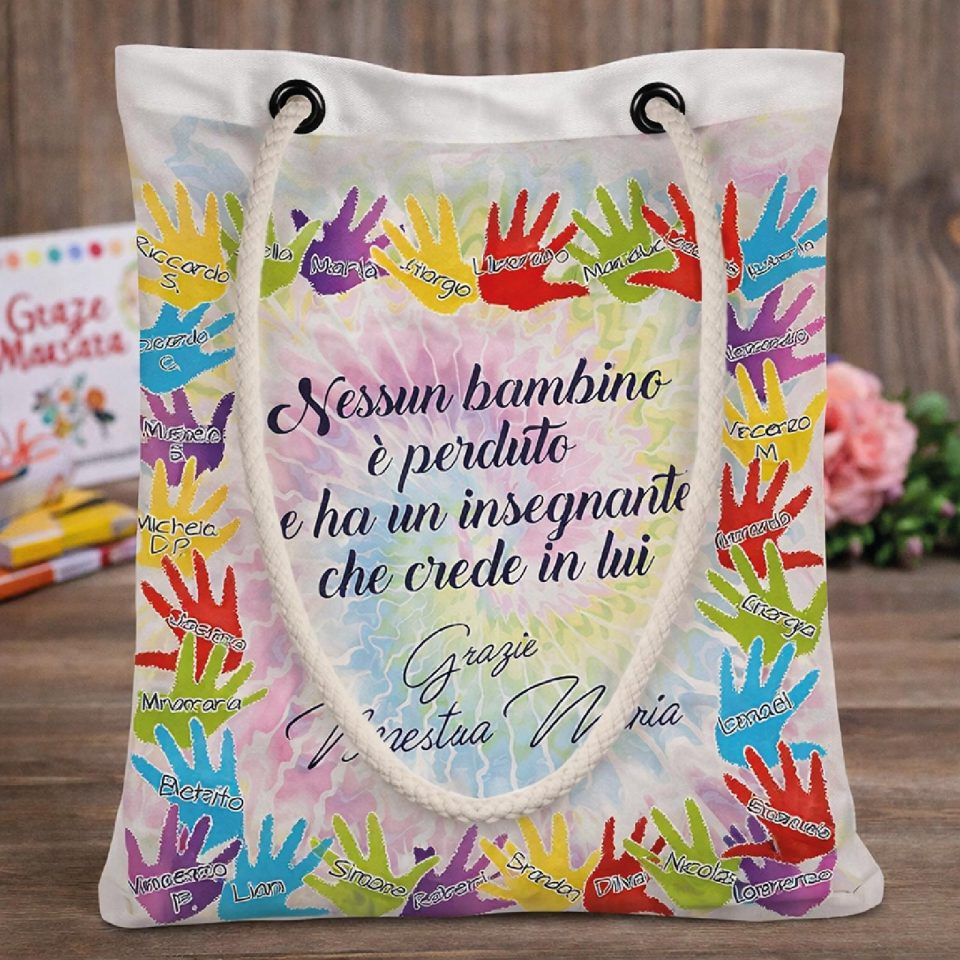 Borsa Shopper Donna in Tela per Maestra Personalizzata ''MANINE CON NOMI'' Idea regalo fine anno scolastico per Maestre Bianca Personalizzabile con testo
