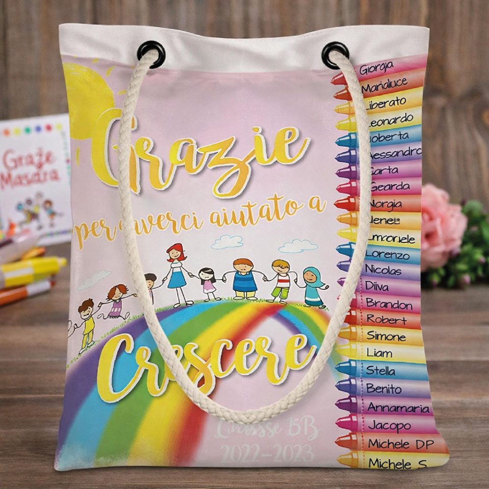 Borsa Shopper Donna in Tela per Maestra Personalizzata ''AULA COLORATA'' Idea regalo fine anno scolastico per Maestre Bianca Personalizzabile con testo