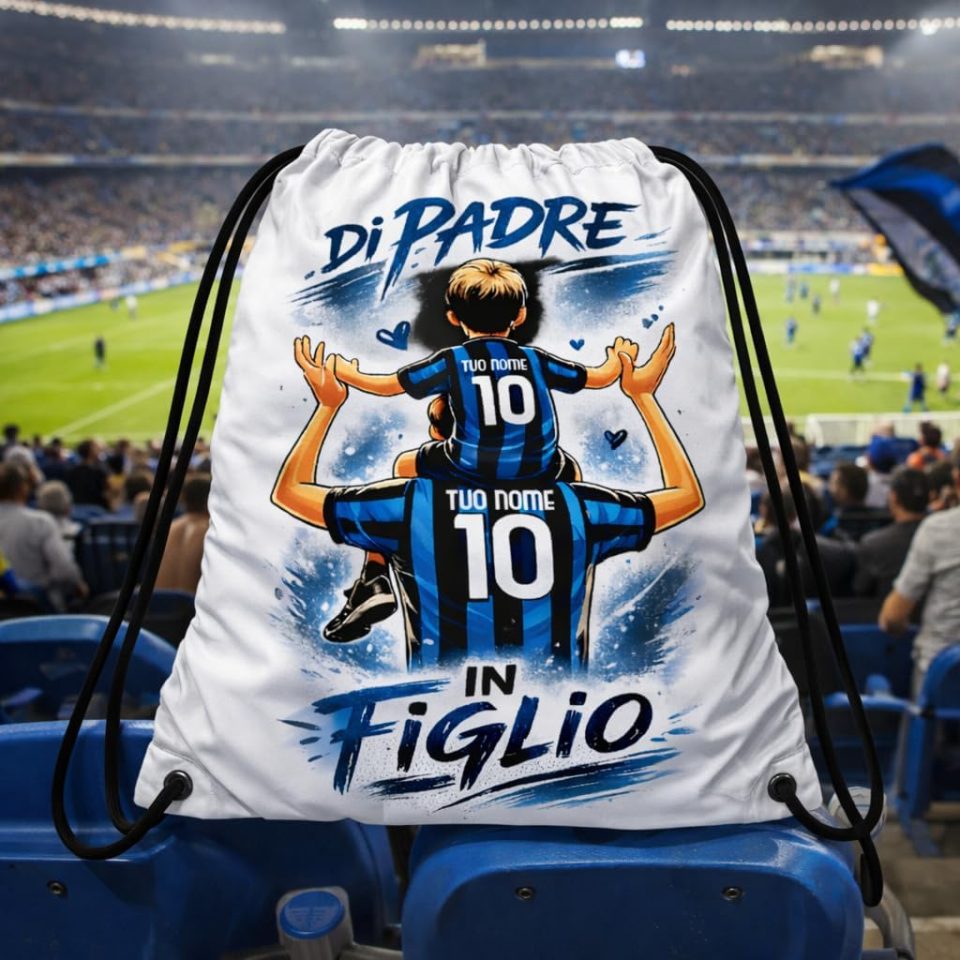 Sacca Sport Zainetto Bianco Personalizzata ''DI PADRE IN FIGLIO'' Personalizzato con Nome per papà Tifosi Calcio Squadre Ultras Nero Azzurri Interisti