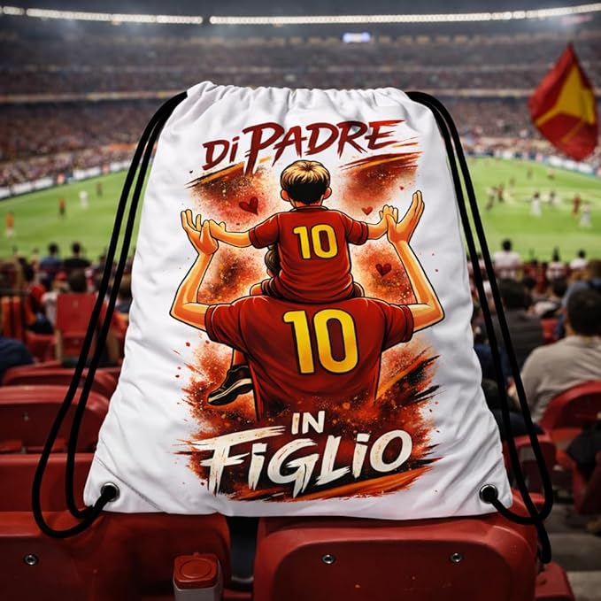 Sacca Sport Zainetto Bianco Personalizzata ''DI PADRE IN FIGLIO'' Personalizzato con Nome per papà Tifosi Calcio Squadre Ultras Giallo Rossi Romanisti