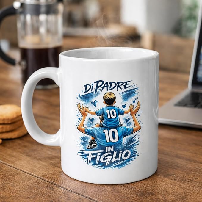 Tazza Mug in Ceramica Per Colazione con Stampa Personalizzata ''DI PADRE IN FIGLIO'' Personalizzata con Nome per papà Tifosi Calcio Squadre Ultras Azzurri Napoletani