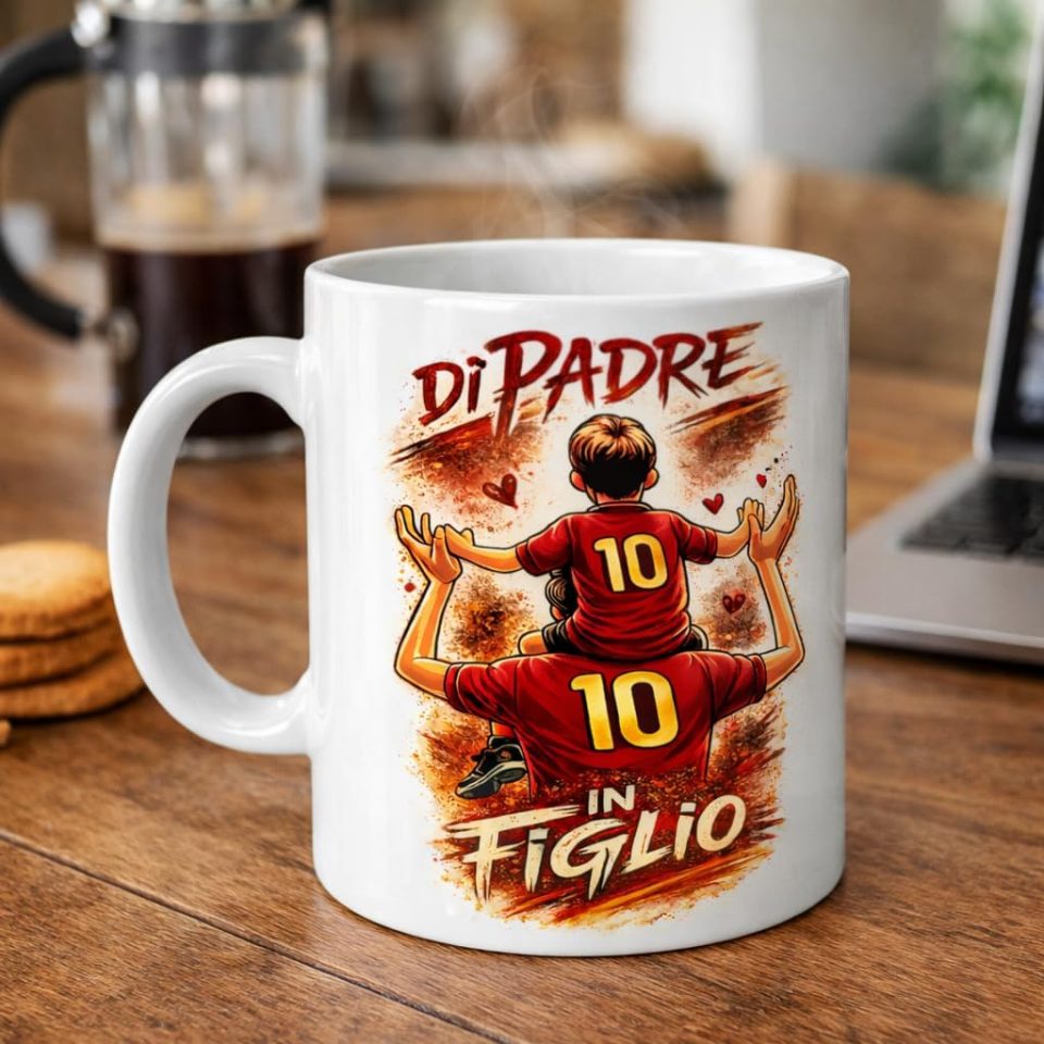 Tazza Mug in Ceramica Per Colazione con Stampa Personalizzata ''DI PADRE IN FIGLIO'' Personalizzata con Nome per papà Tifosi Calcio Squadre Ultras Romanisti