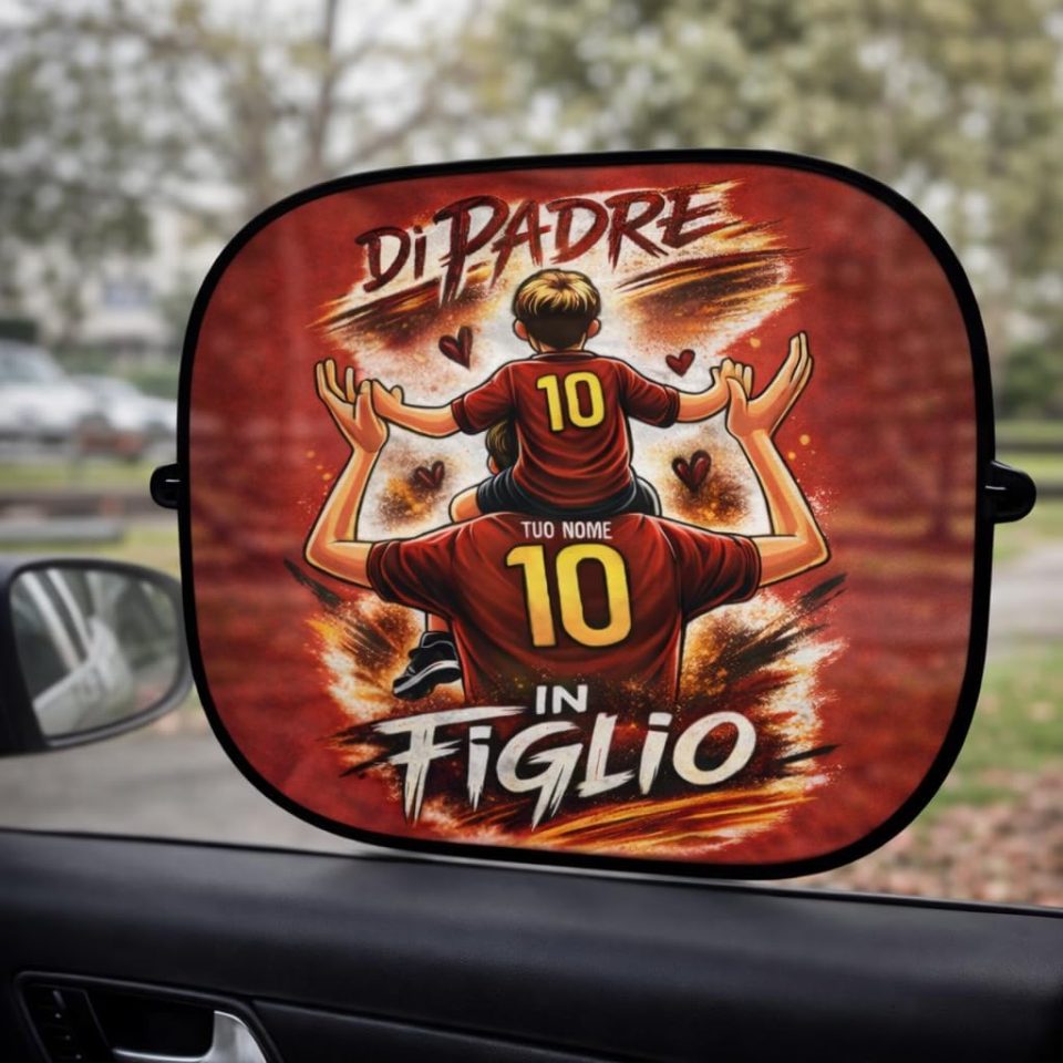 Coppia di Tendine Parasole per auto Macchina con Stampa Personalizzata ''DI PADRE IN FIGLIO'' Personalizzato con Nome per papà Tifosi Calcio Squadre Ultras Bianco Giallo Rossi Romanisti