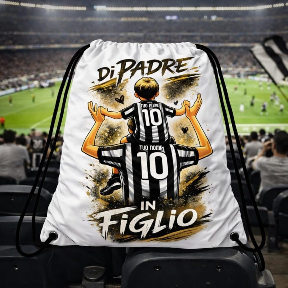 Sacca Sport Zainetto Bianco Personalizzata ''DI PADRE IN FIGLIO'' Personalizzato con Nome per papà Tifosi Calcio Squadre Ultras Juventini