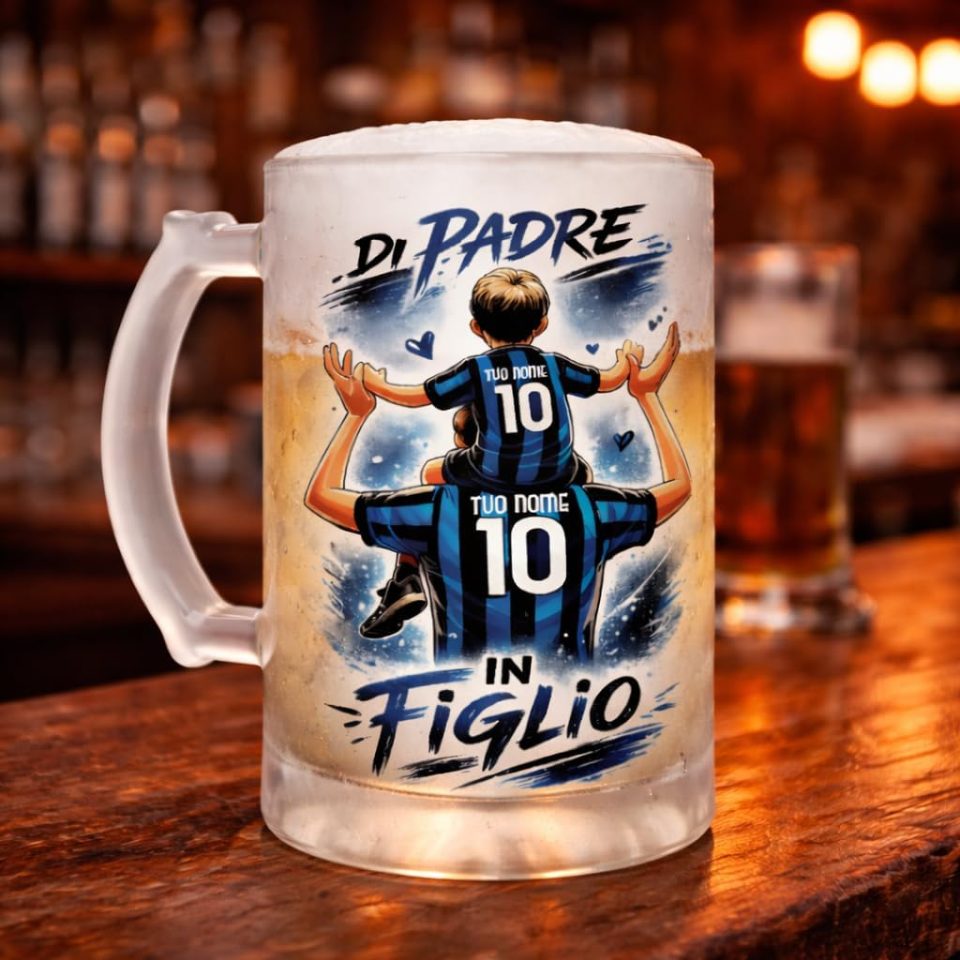 Boccale Birra 600ml in Vetro Satinato di Padre in Figlio Personalizzato con Nome e Numero per papà Tifosi Calcio Squadre Ultras Nero Azzurri Interisti