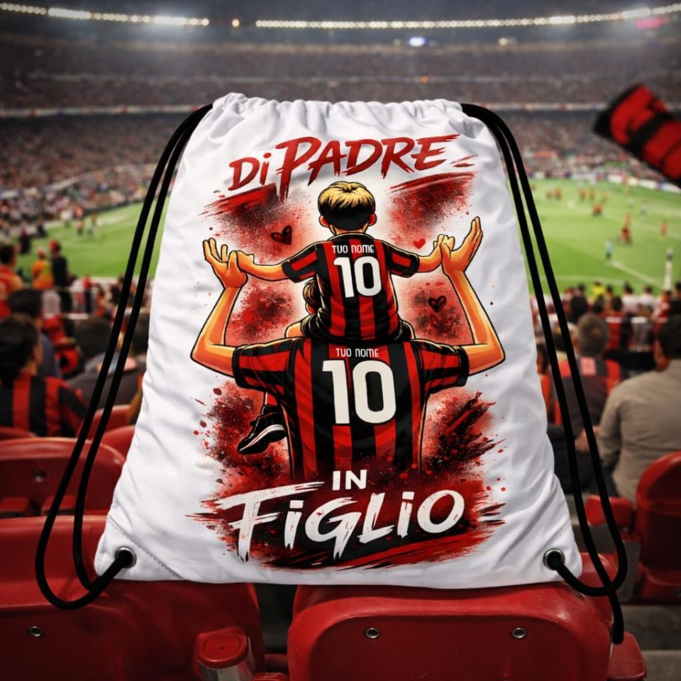 Sacca Sport Zainetto Bianco Personalizzata ''DI PADRE IN FIGLIO'' Personalizzato con Nome per papà Tifosi Calcio Squadre Ultras Milanisti