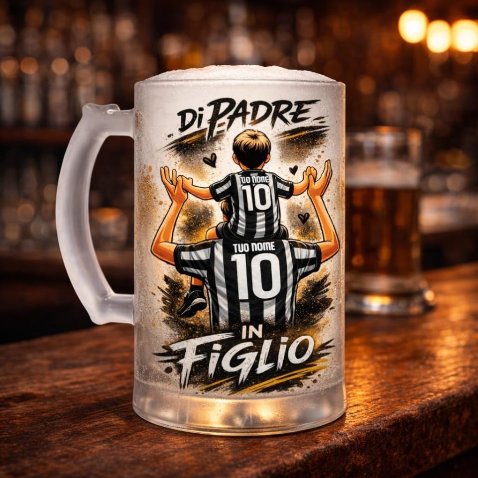 Boccale Birra 600ml in Vetro Satinato di Padre in Figlio Personalizzato con Nome e Numero per papà Tifosi Calcio Squadre Ultras Bianco Neri Juventini