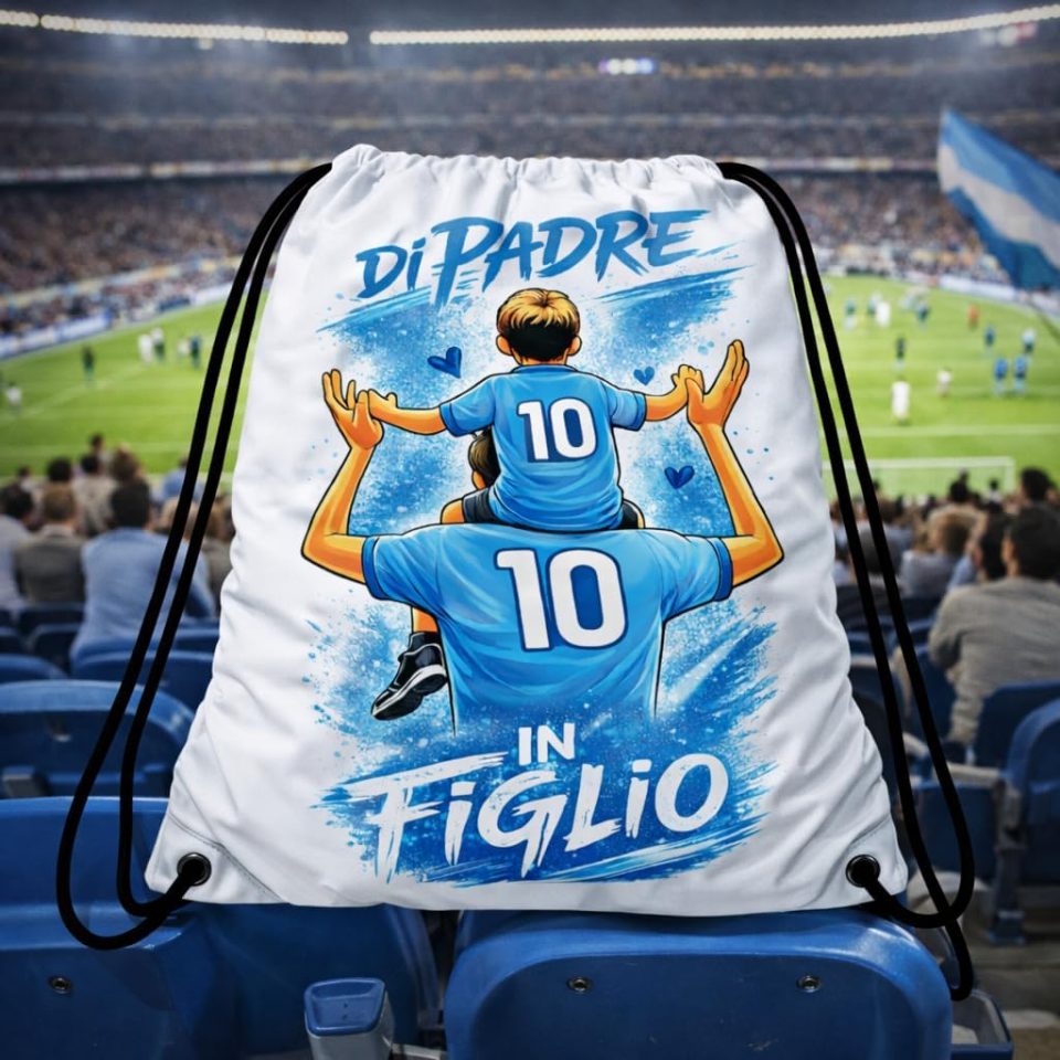 Sacca Sport Zainetto Bianco Personalizzata ''DI PADRE IN FIGLIO'' Personalizzato con Nome per papà Tifosi Calcio Squadre Ultras Azzurri Napoletani