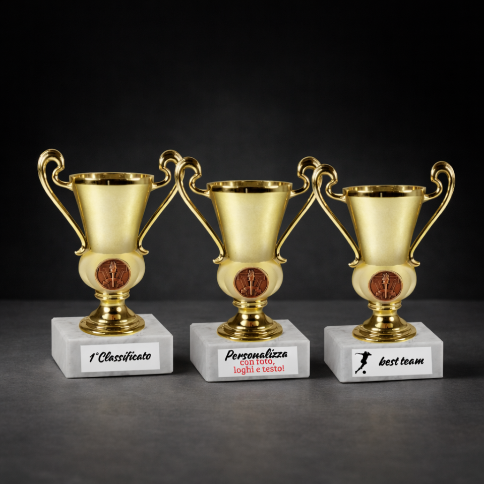 Coppe Trofei Gadget Sport, Premiazioni dal 1° al 3° posto, tornei privati, ideali per feste di compleanno dei bimbi, in plastica con Manici, Incluse di Personalizzazione
