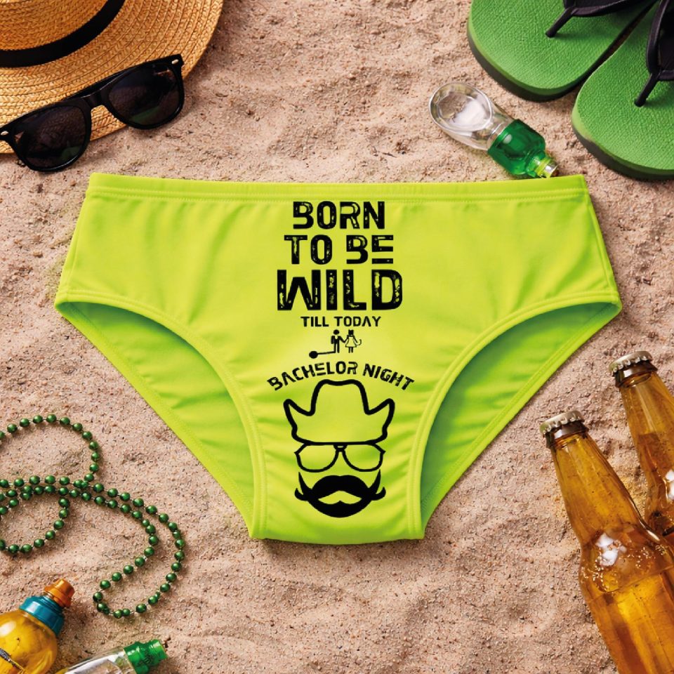 Costume Slip da Mare per Addio al Celibato ''Born to be Wild'' Uomo Sposo, Grafica Divertente, Giallo o Verde Fluo, Gadget Originale per Festa Addio al Celibato