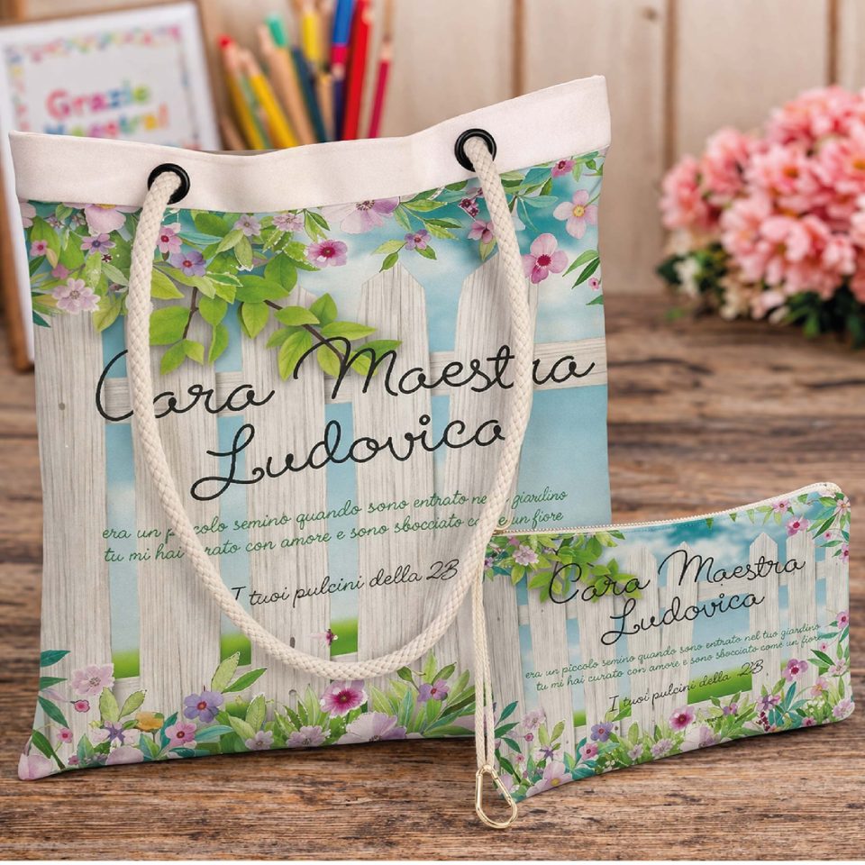 Kit Borsa shopper e Pochette ''GIARDINO'' personalizzate, idea regalo di classe fine anno scolastico Maestra asilo nido, scuola materna, elementare infanzia e primaria