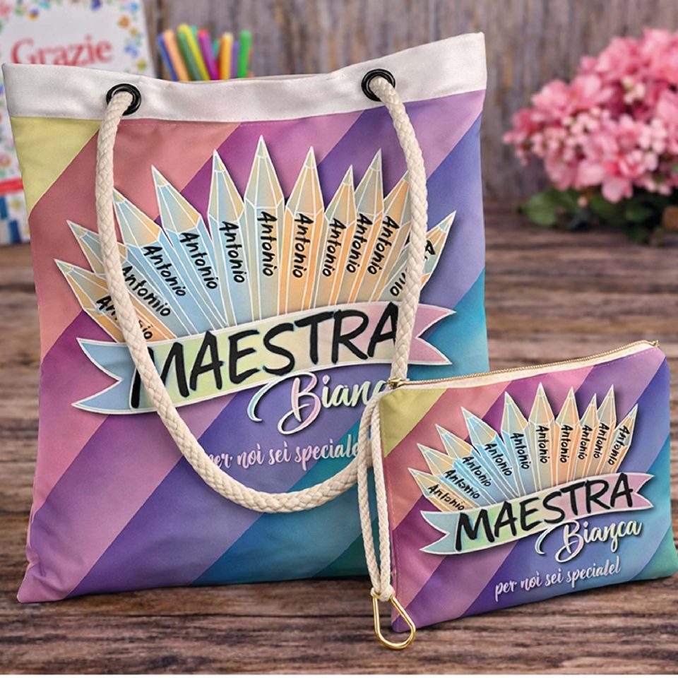 Kit Borsa shopper e Pochette ''MATITE NOMI'' personalizzate, idea regalo di classe fine anno scolastico Maestra asilo nido, scuola materna, elementare infanzia e primaria