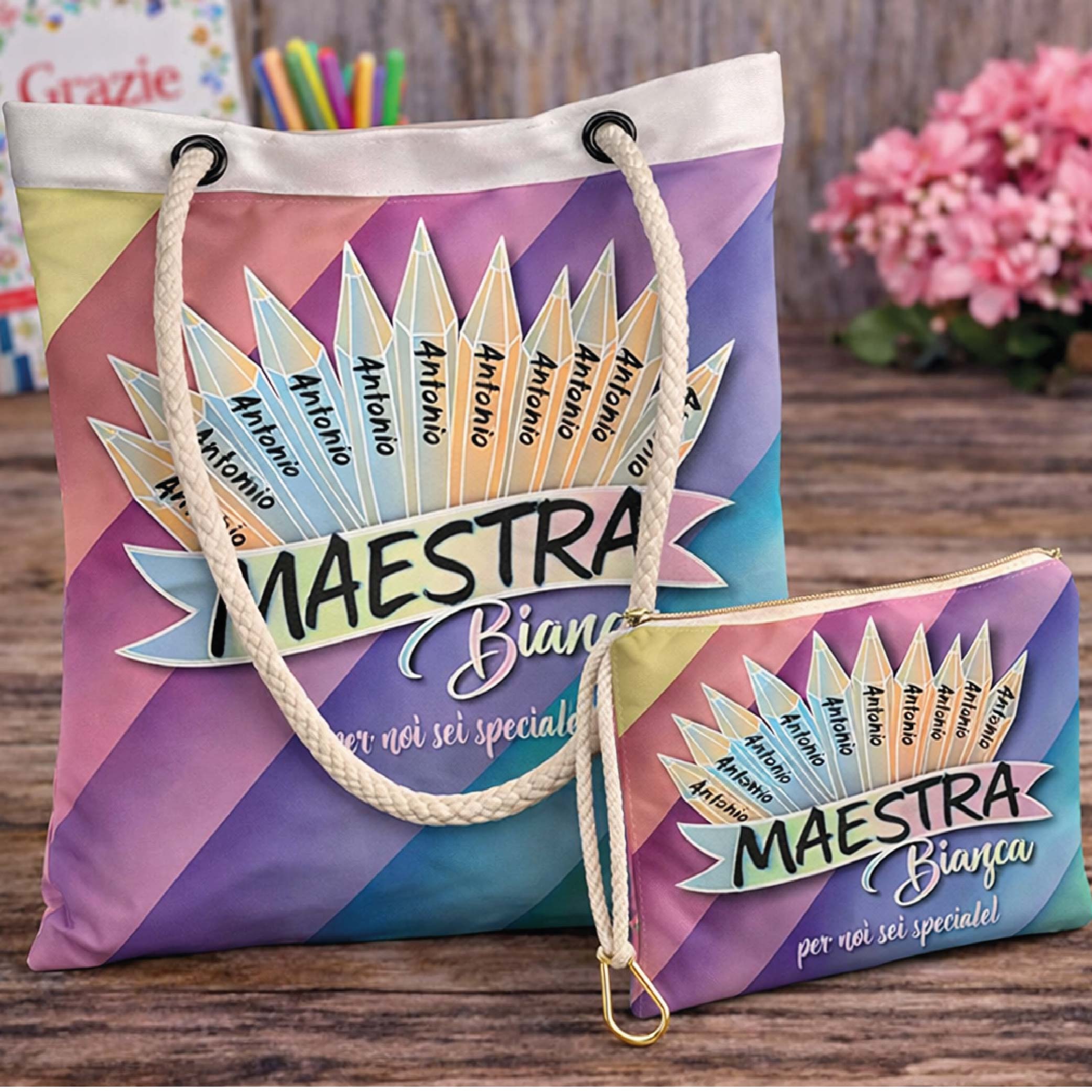 KIT BORSA SHOPPER + POCHETTE ''MATITE NOMI''