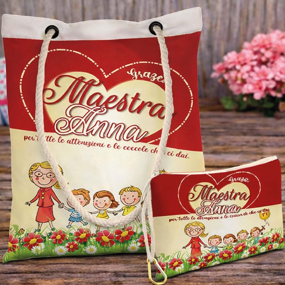 Kit Borsa shopper e Pochette ''LE TUE COCCOLE'' personalizzate, idea regalo di classe fine anno scolastico Maestra asilo nido, scuola materna, elementare infanzia e primaria
