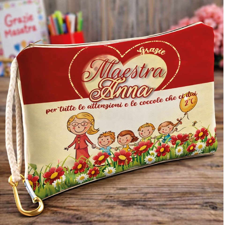 Pochette Donna Bianca in Tela Personalizzata con testo ''LE TUE COCCOLE'' per Maestra scuola Elementare Infanzia Asilo, Idea Regalo di classe fine anno scolastico