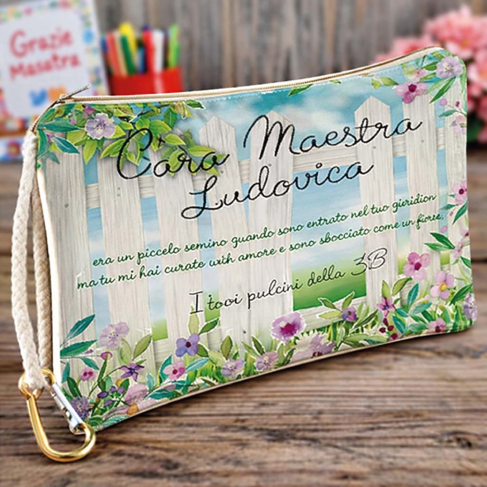 Pochette Donna Bianca in Tela Personalizzata con testo ''GIARDINO'' per Maestra scuola Elementare Infanzia Asilo, Idea Regalo di classe fine anno scolastico