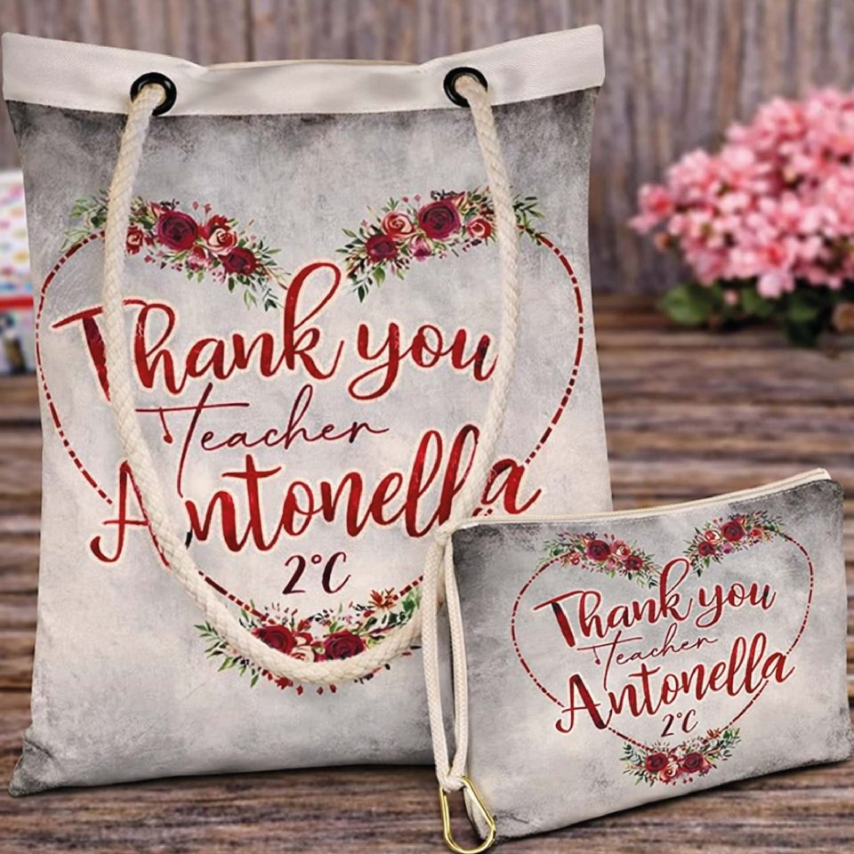 Kit Borsa shopper e Pochette ''TEACHER'' personalizzate, idea regalo di classe fine anno scolastico Maestra asilo nido, scuola materna, elementare infanzia e primaria