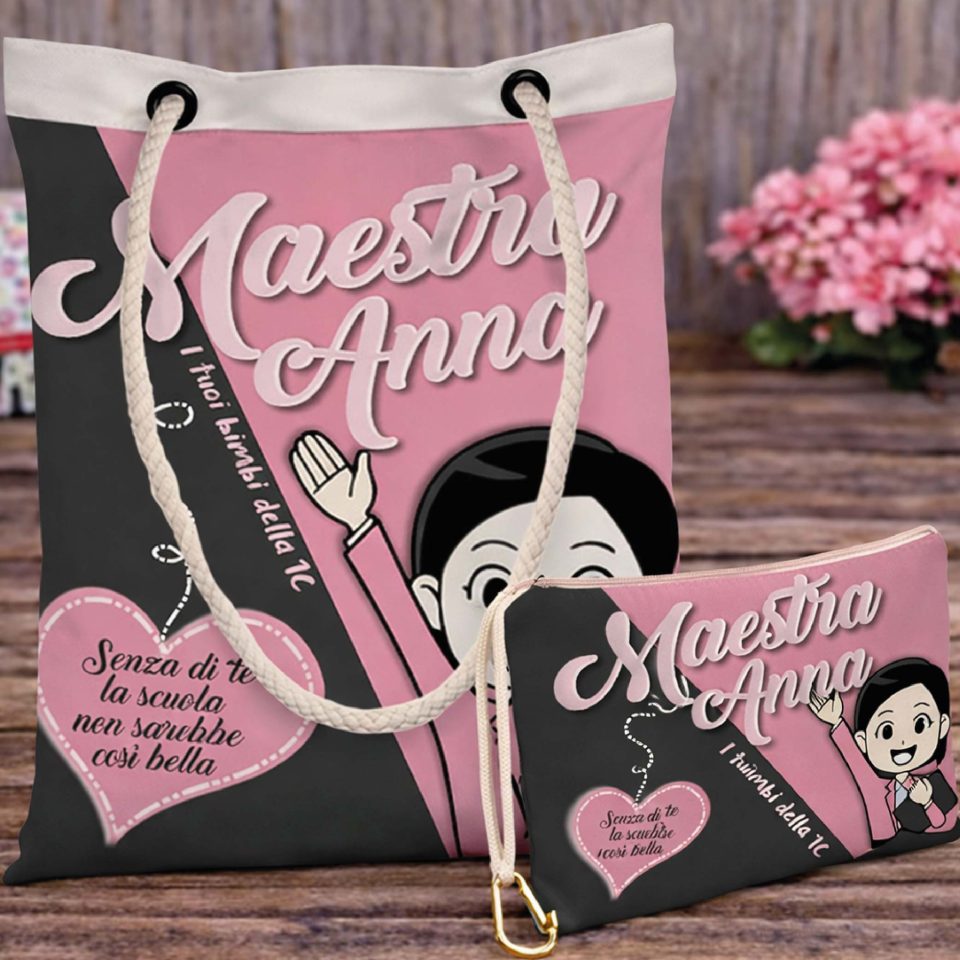 Kit Borsa shopper e Pochette ''SENZA TE'' personalizzate, idea regalo di classe fine anno scolastico Maestra asilo nido, scuola materna, elementare infanzia e primaria